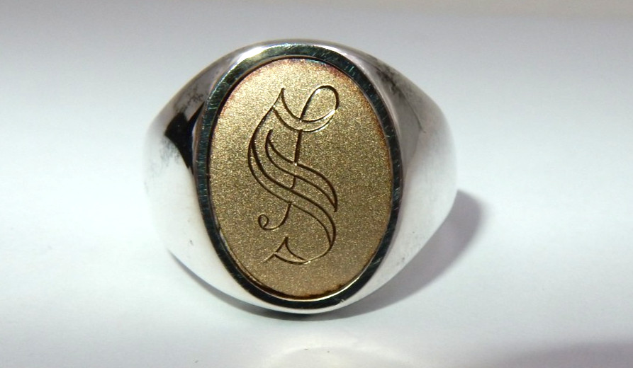 VINTAGE STERLING SILVER 14K GOLD SIGNET RING – “S” MONOGRAM, SIZE 9.5, 12 GRAMS