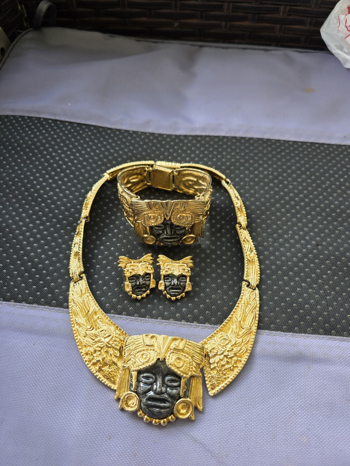 Salvador Teran for Marbel Mexico Necklace Set Aztec Maya 22k Plated Pre Owned #7