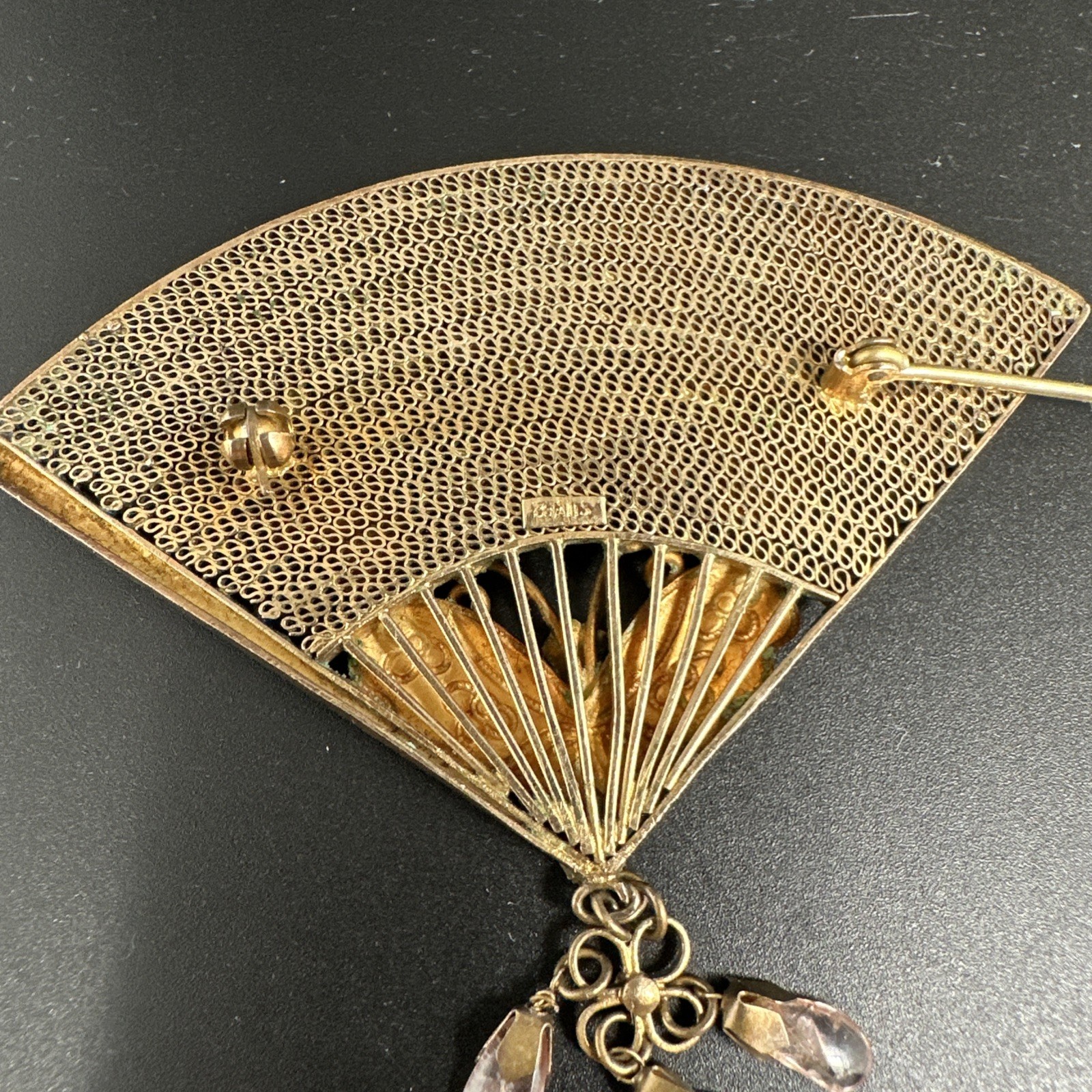 Antique 1920s Fan Brooch Pin Needle Gilt Sterling Silver 925 Enamel Turquoise