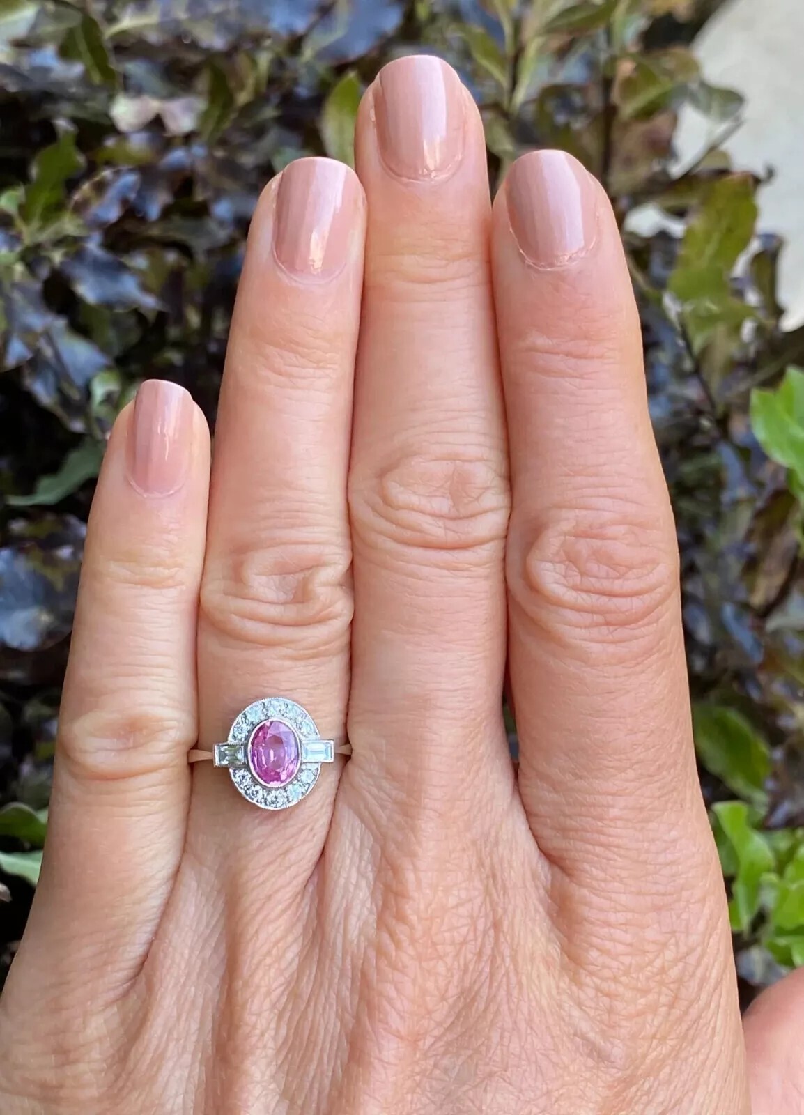 Art Deco Style Oval Pink Sapphire and Lab Created Diamond 14K White Gold FN Ring