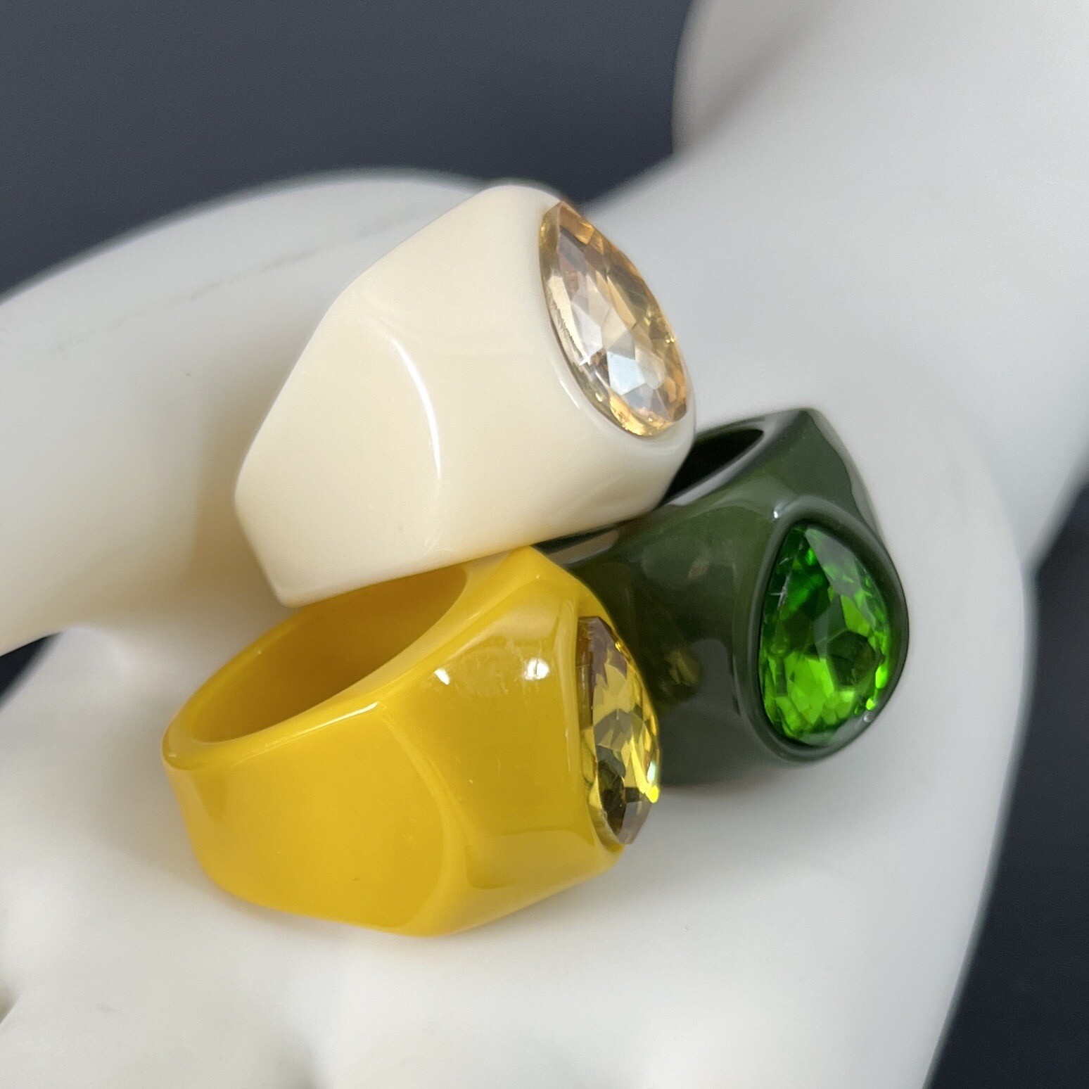 Retro Lucite Rhinestone Rings Set Green Yellow Cream Size 7 – 7.5 Chunky Boho