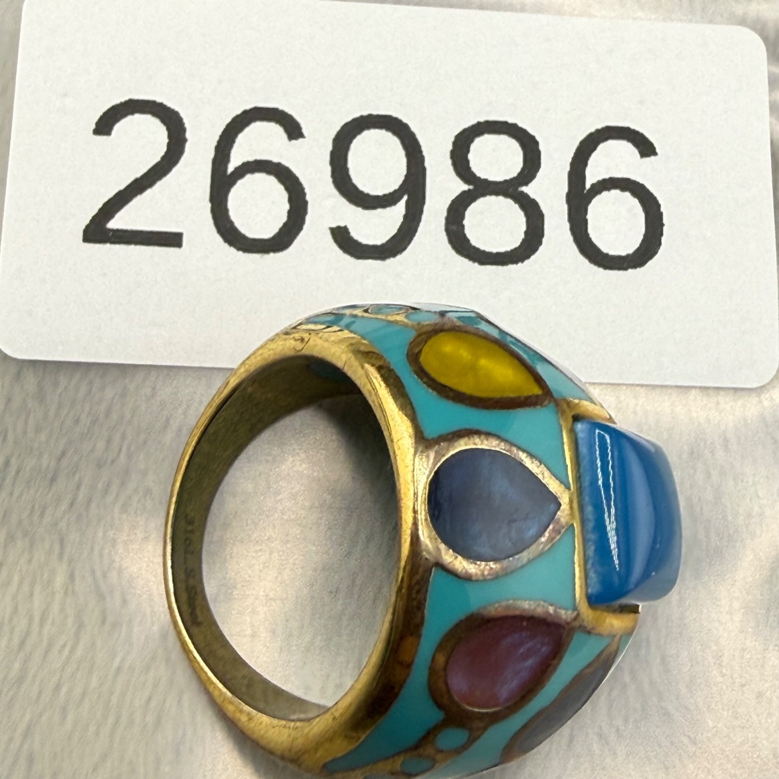 Enamel Dome Ring Blue Abstract Stainless Steel Gold Tone Size 8.75