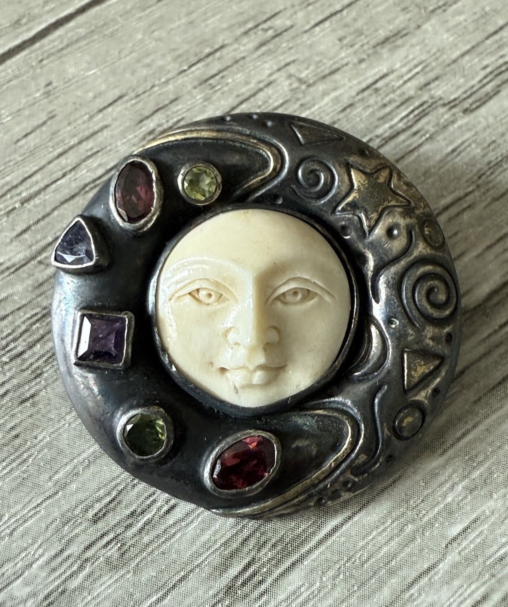 MYSTIC MOON FACE Sterling Silver Amethyst Topaz Carved Goddess Pendant Brooch