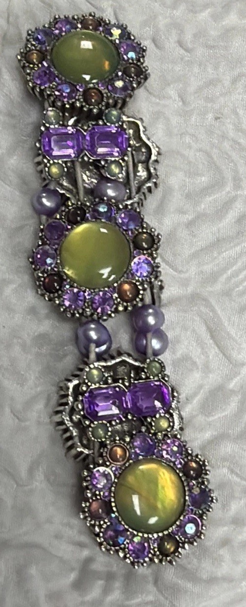 Vintage Selro Purple Large Multi-Color Glass Cabochon Green/Yellow Glow Bracelet