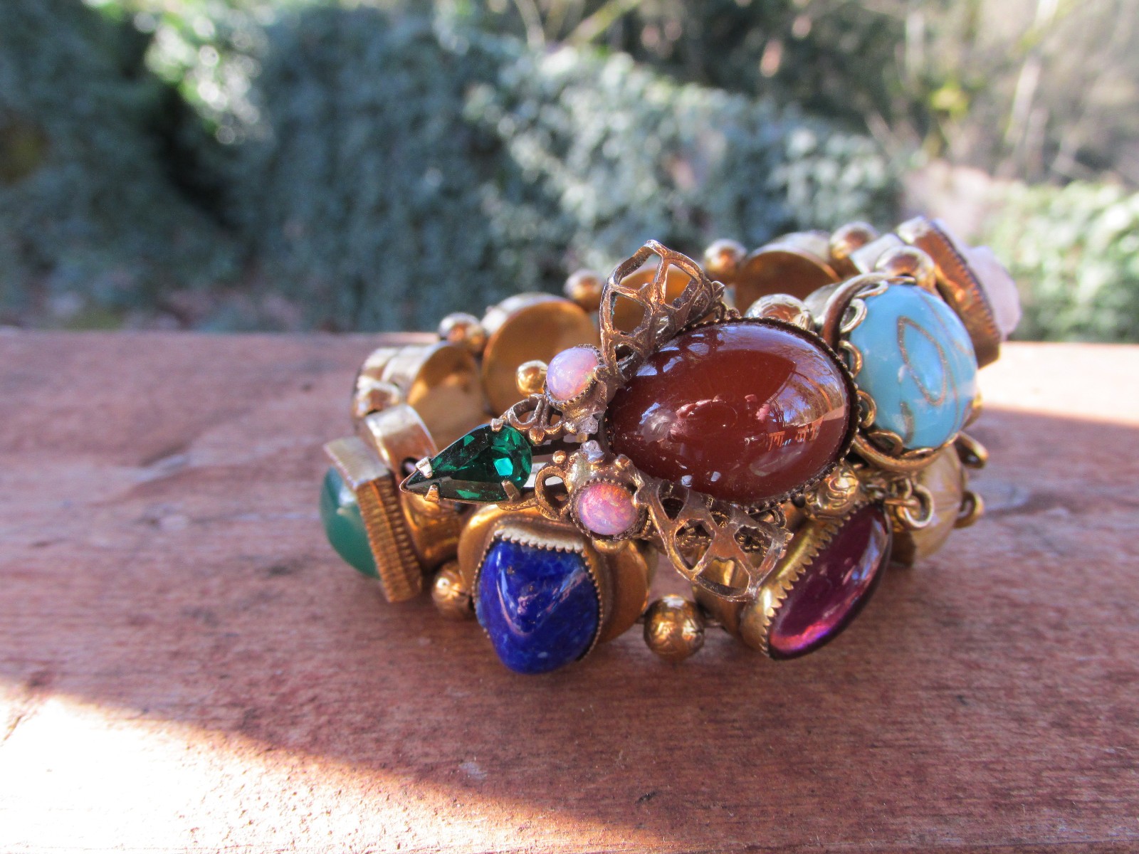 Victorian revival 1940s Jewel Tone Glass Cabochon wrap Bracelet, Snake Motif
