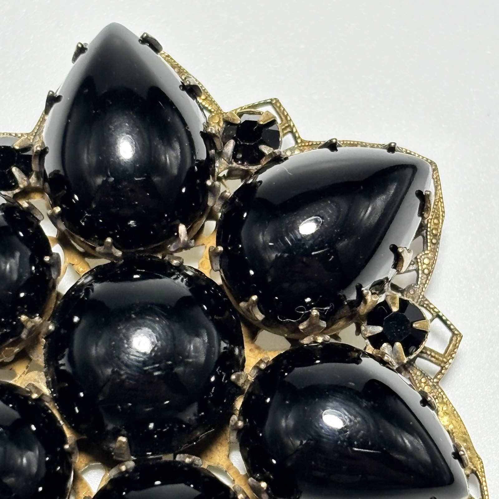 Vintage Brooch Pendant Teardrop Black Glass Cabochons Double Layered 2-1/8″ Long