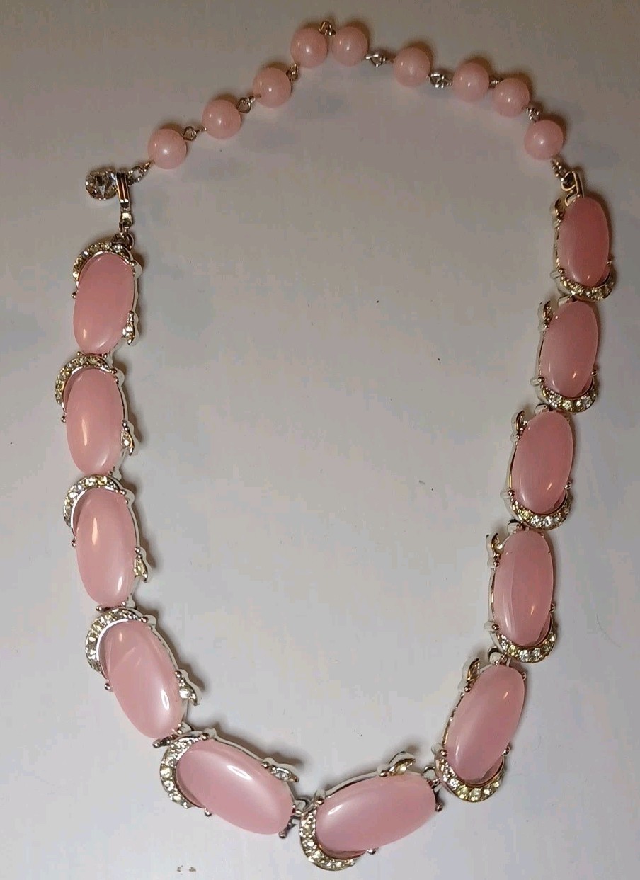 Vintage Kramer Necklace Earrings Signed Pink Thermoset Wit Rhinestone Silvertone