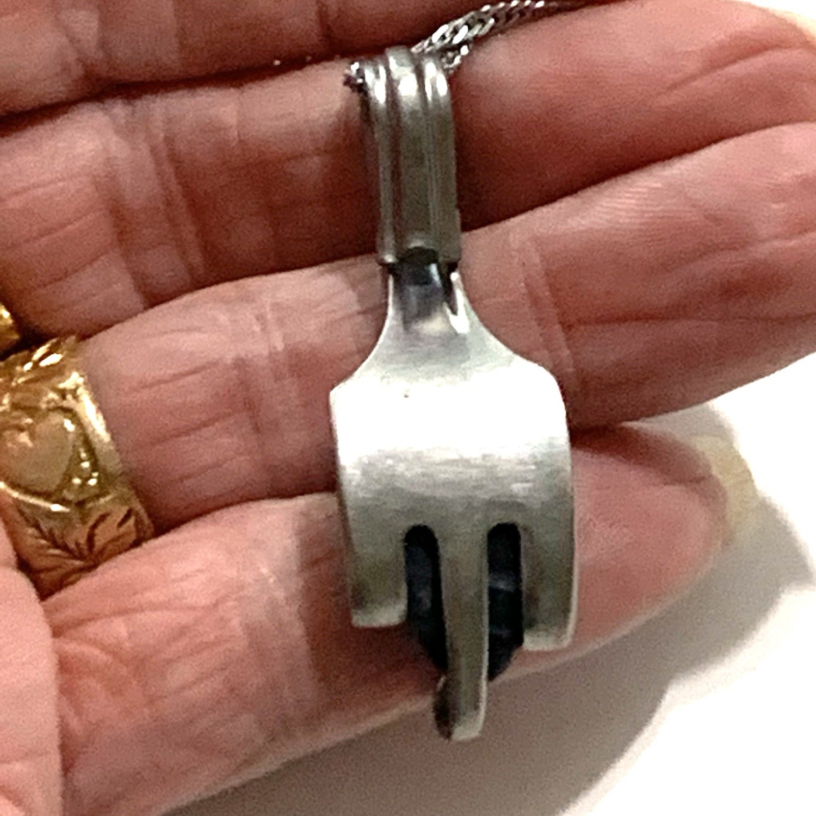 Artisan Upcycled Pendant Necklace Folk Art Redesign Fork 18K WG Plated 16″ Chain