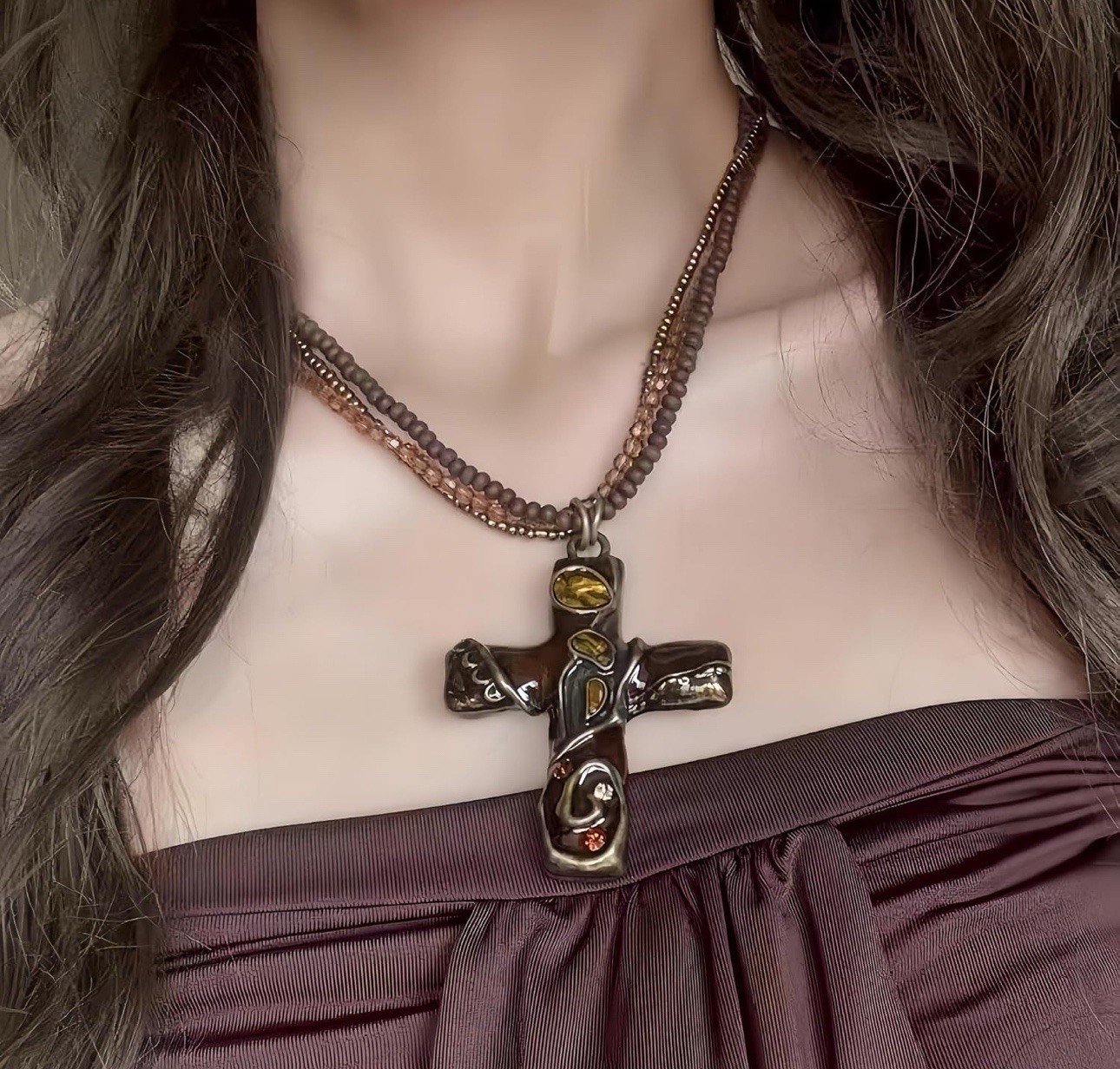 Vintage Retro Gothic Bohemian Cross Pendant Multi-Layered Beaded Chain Necklace