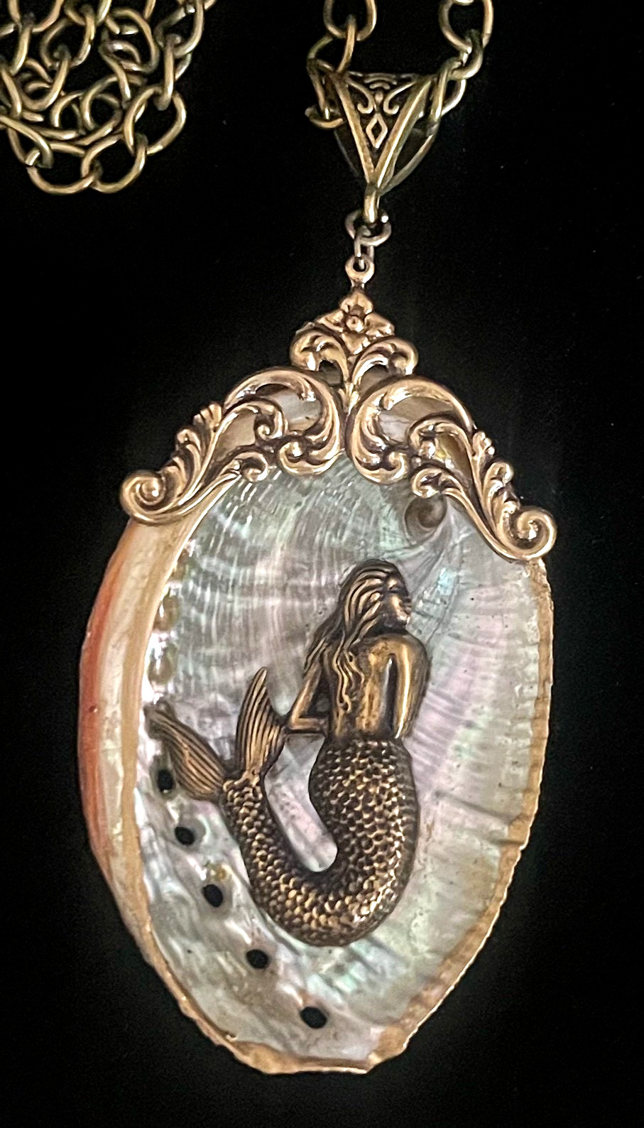 Mermaid Necklace Art Nouveau Siren Abalone Shell Pendant Mermaid Jewelry