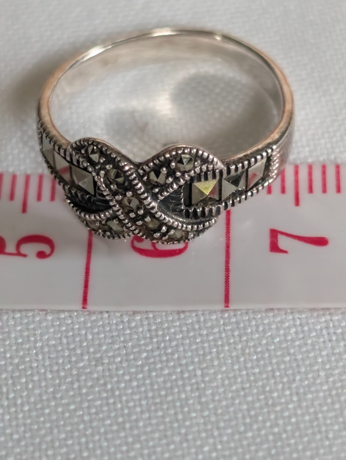Art Deco Classic Infinity Knot Ring 925 Sterling Silver and Marcasite Size 6.5