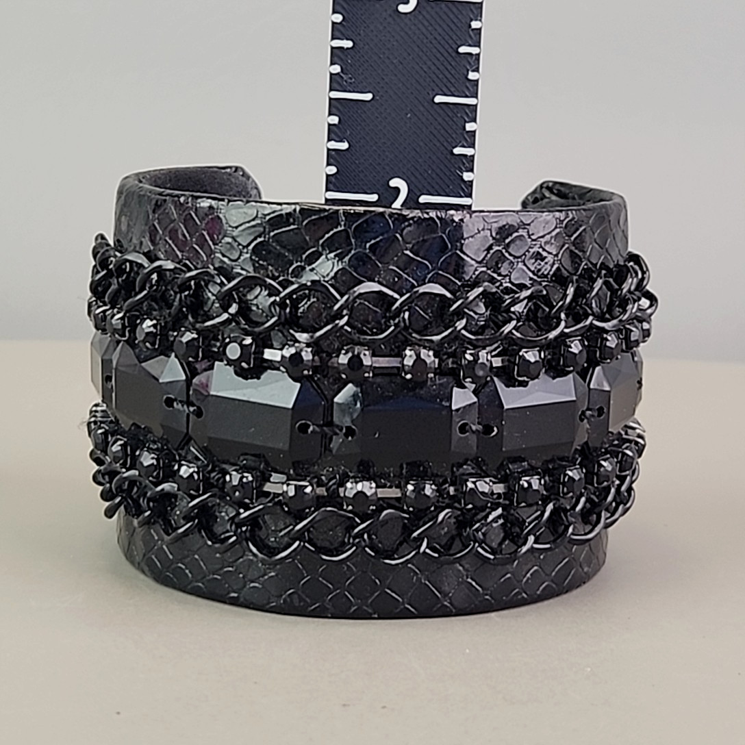 Cuff Bracelet Wide Black Faux Leather Chain Acrylic Beads 7″