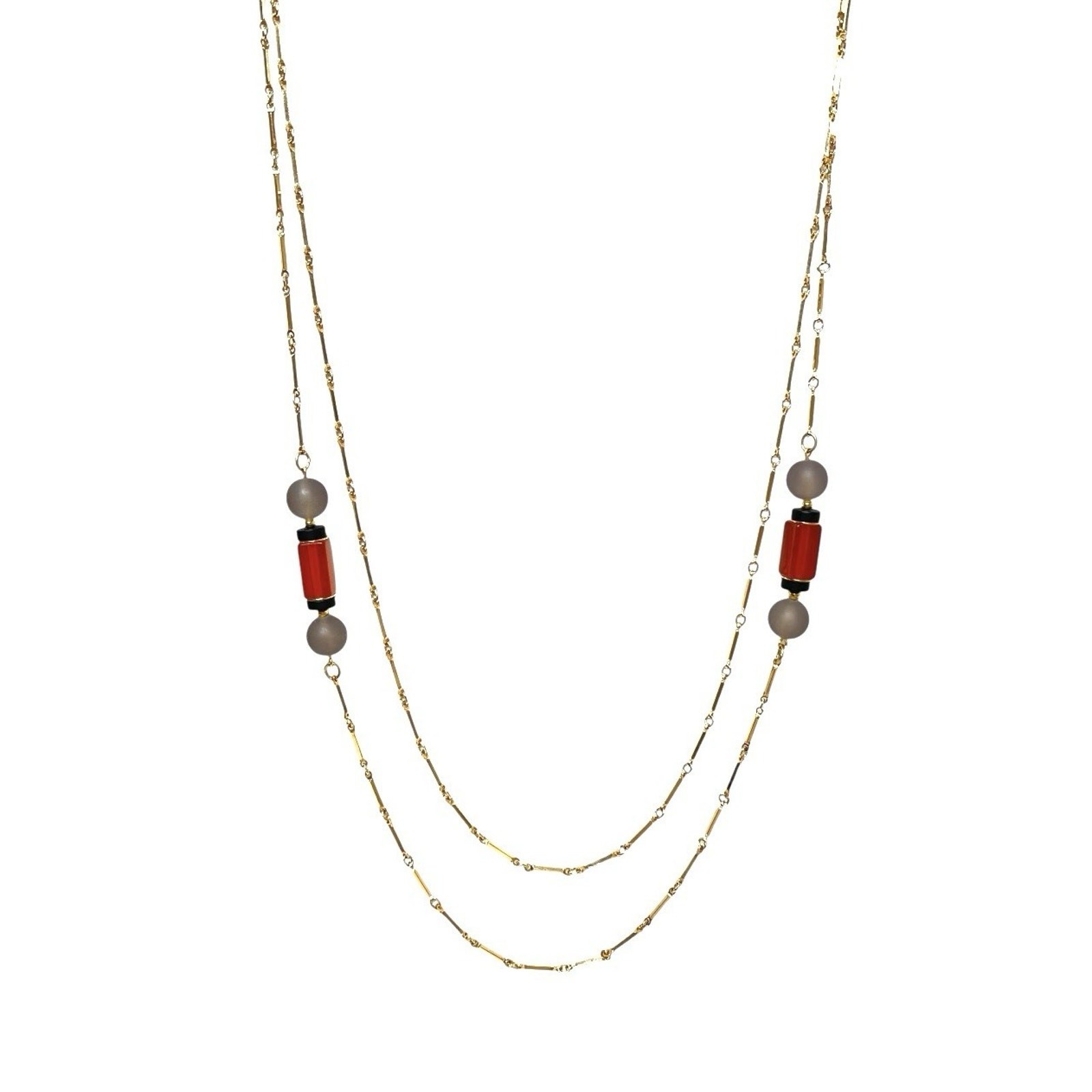 Sarah Coventry Beaded Necklace Monterey Lucite Gold Tone Bar Link Double Chain