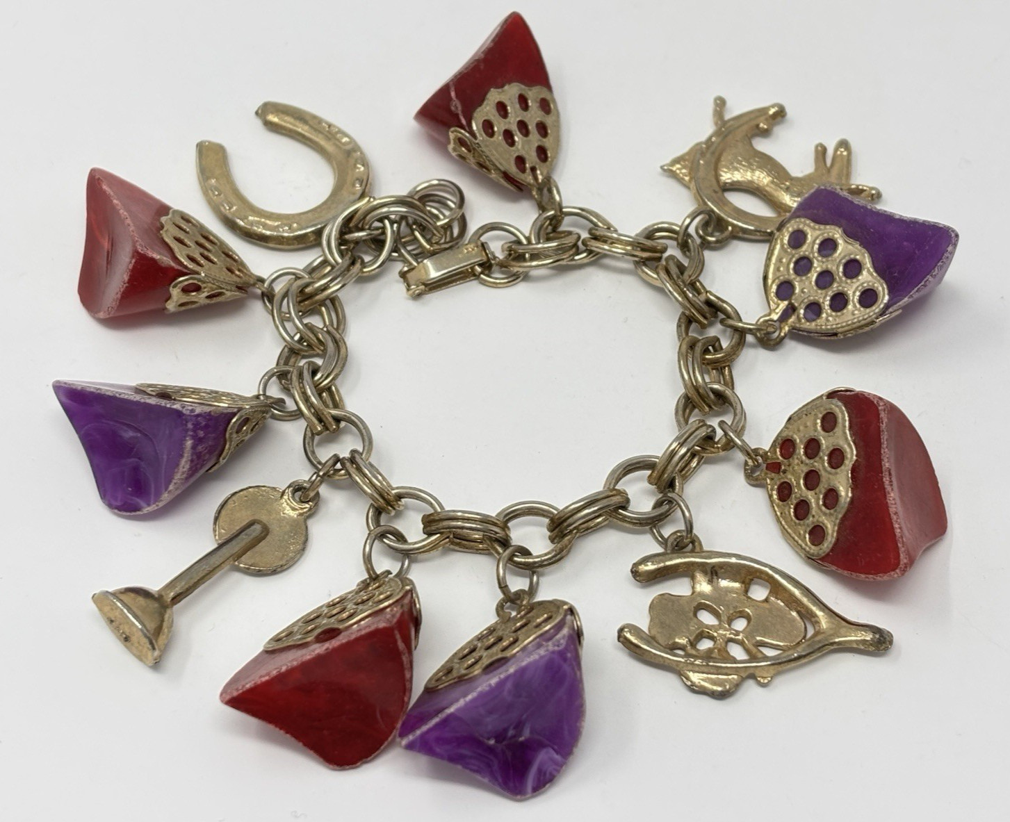 Vintage 60’s Chunky Charm Bracelet Lucky Horse Shoe Racing Purple Red Lucite