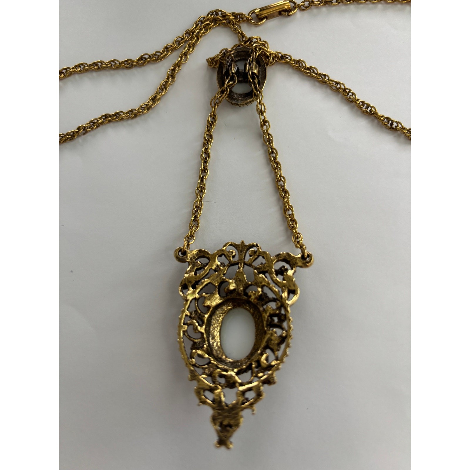 Vintage Unsigned Florenza Painted Cabochon Pendant Necklace