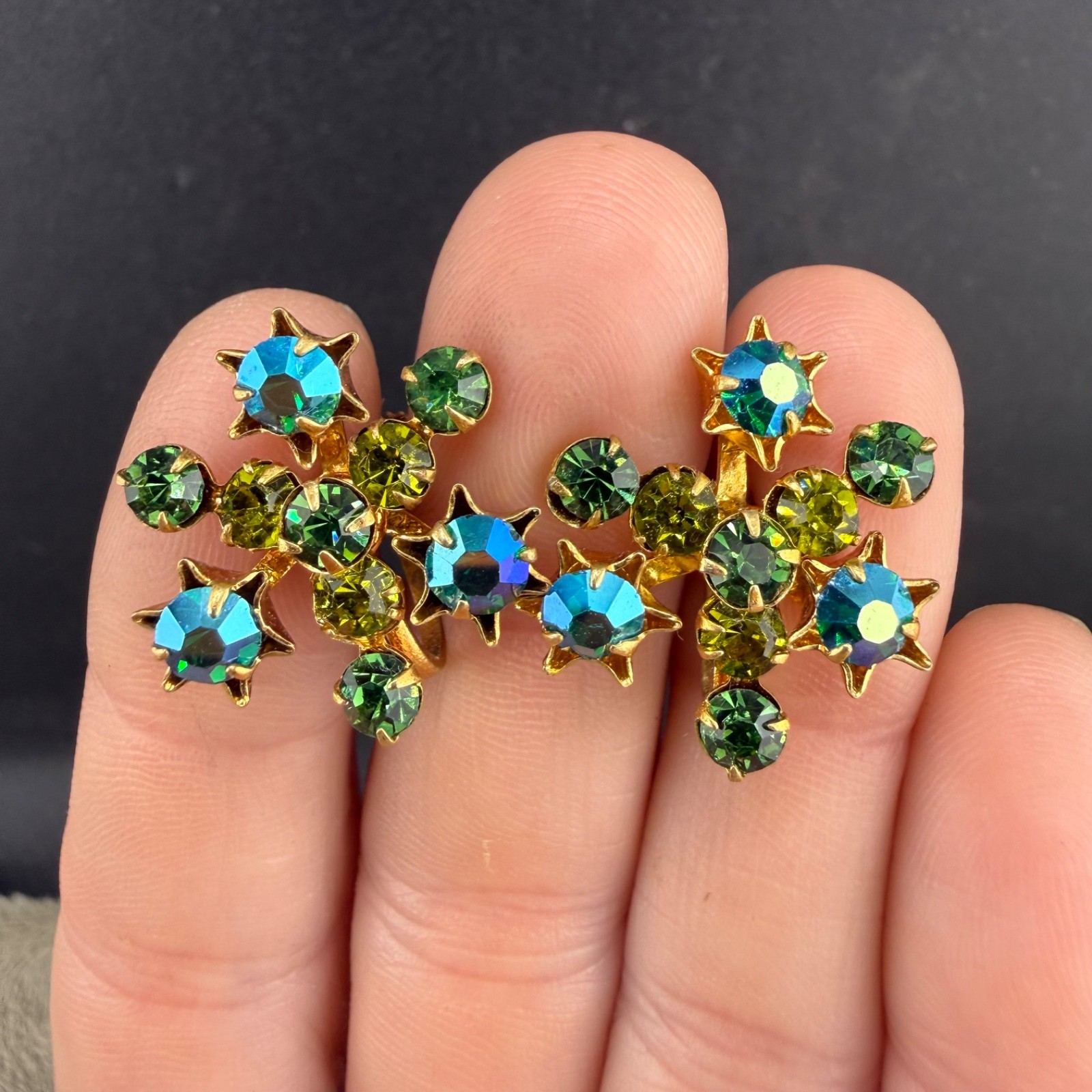 Vintage Czech Rhinestone Screw Back Earrings Green AB Gold Tone