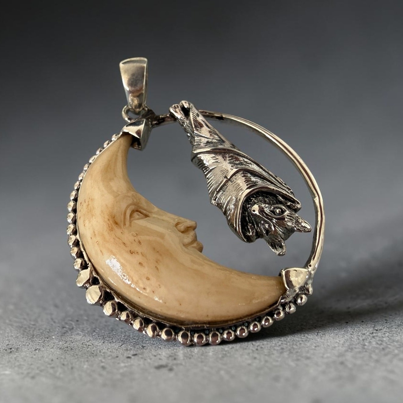 Sterling Silver Bat Moon Pendant Carved Tea Bone Gothic