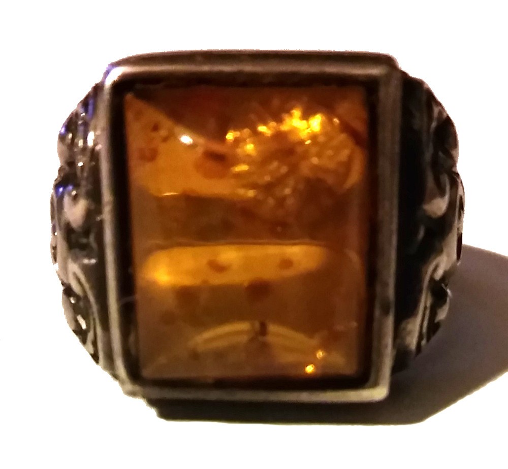 Antique Vintage Amber Silver Ring Carved Baroque Real Natural Baltic Europ Large