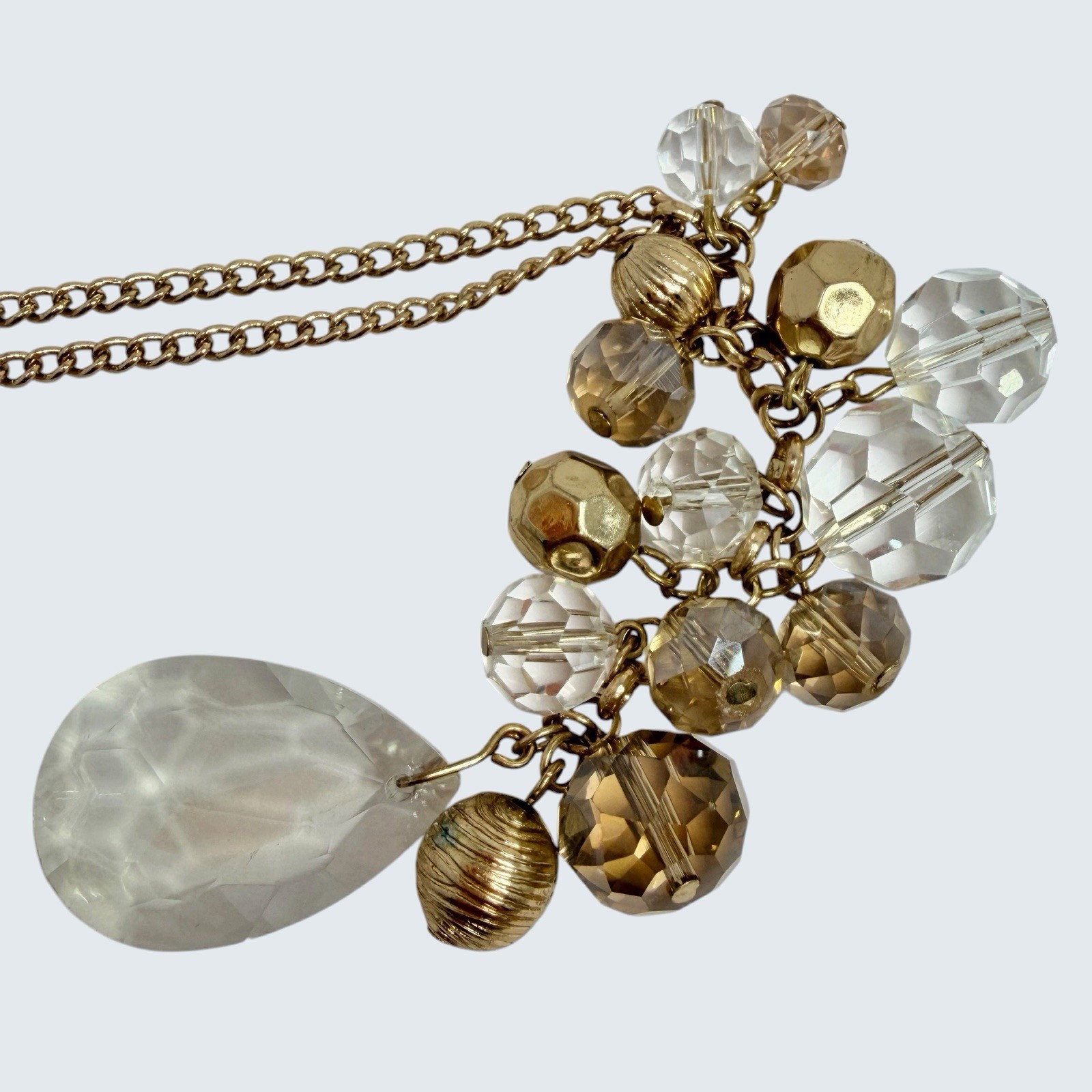 Vtg Clear Acrylic Cluster Gold Tone Beads Teardrop Long Pendant Necklace