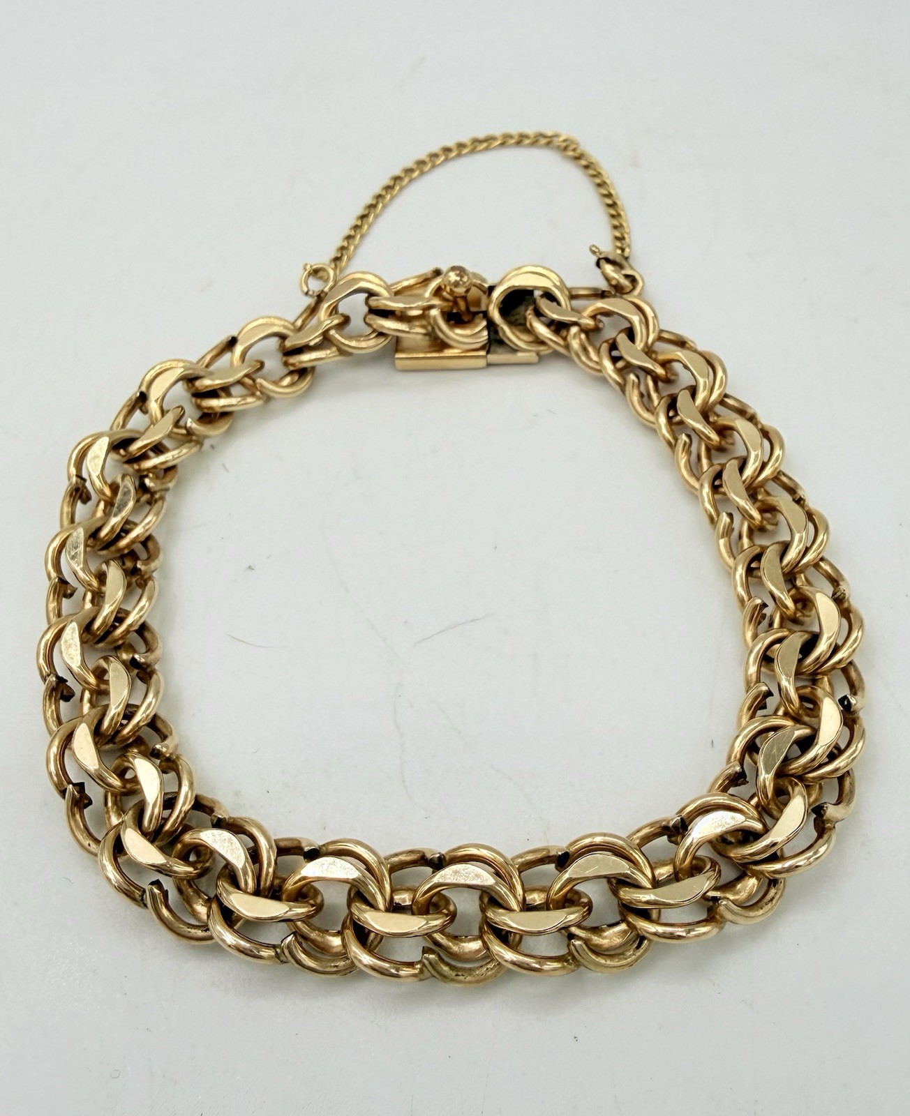 12K Gold Filled Vintage Double Link Charm Bracelet With Safety Chain 7.5in.