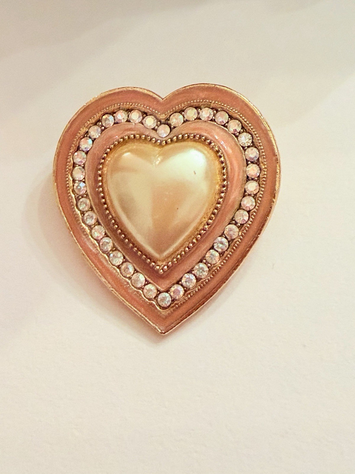Vintage 1928 Heart Brooch Pink Enamel Faux Pearl Rhinestone Pin Unsigned
