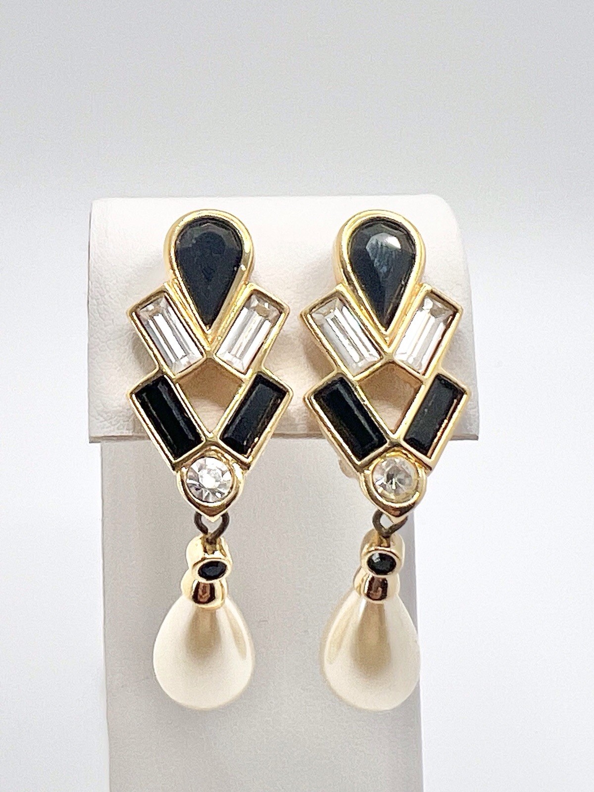 S.A.L. SWAROVSKI Crystal Pearl Drop Art Deco Inspired Gold Tone Clip Earrings
