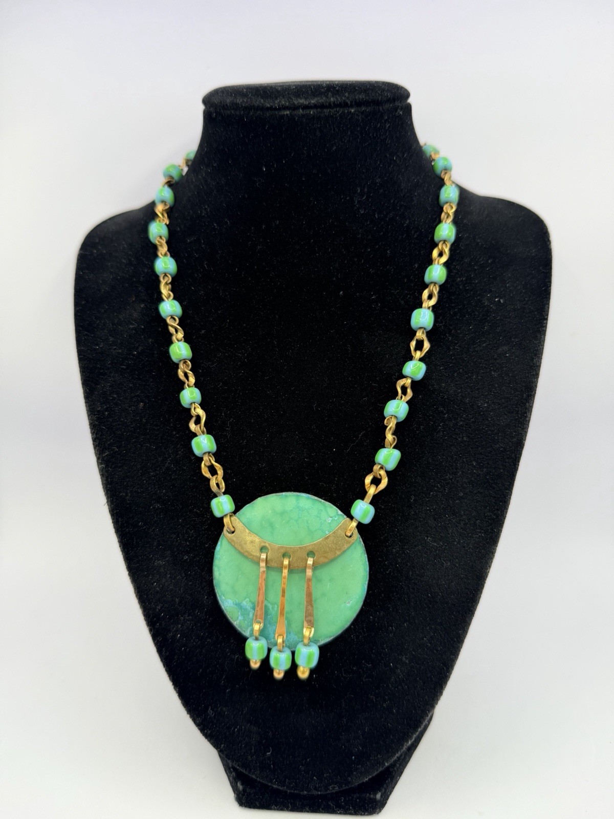 Vintage Oxidized Green OOAK Handmade Chain Statement Collar Necklace 15” DbG Z