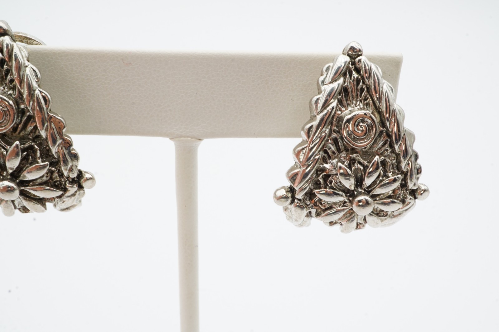 Vintage Clip On Earrings Silver Tone Textured Flower