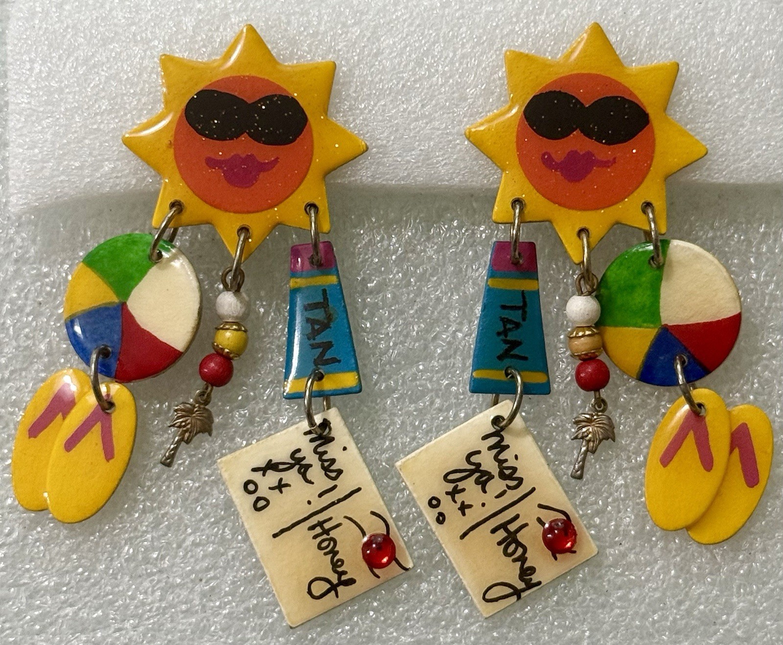 HUGE 1980s Wearable Folk Art Signed Mari SUN BEACH FUN Mixed Media Clip Earrings