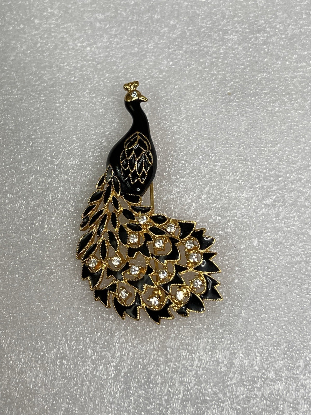 Peacock Brooch Pin Black Enamel & Gold Tone Rhinestones Elegant