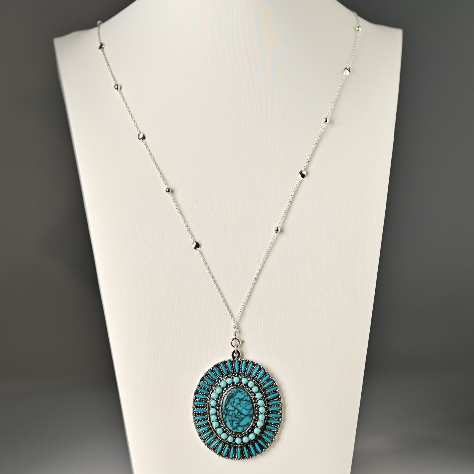 Original Vintage Native Silver Faux Turquoise Gemstone Pendant Estate Necklace