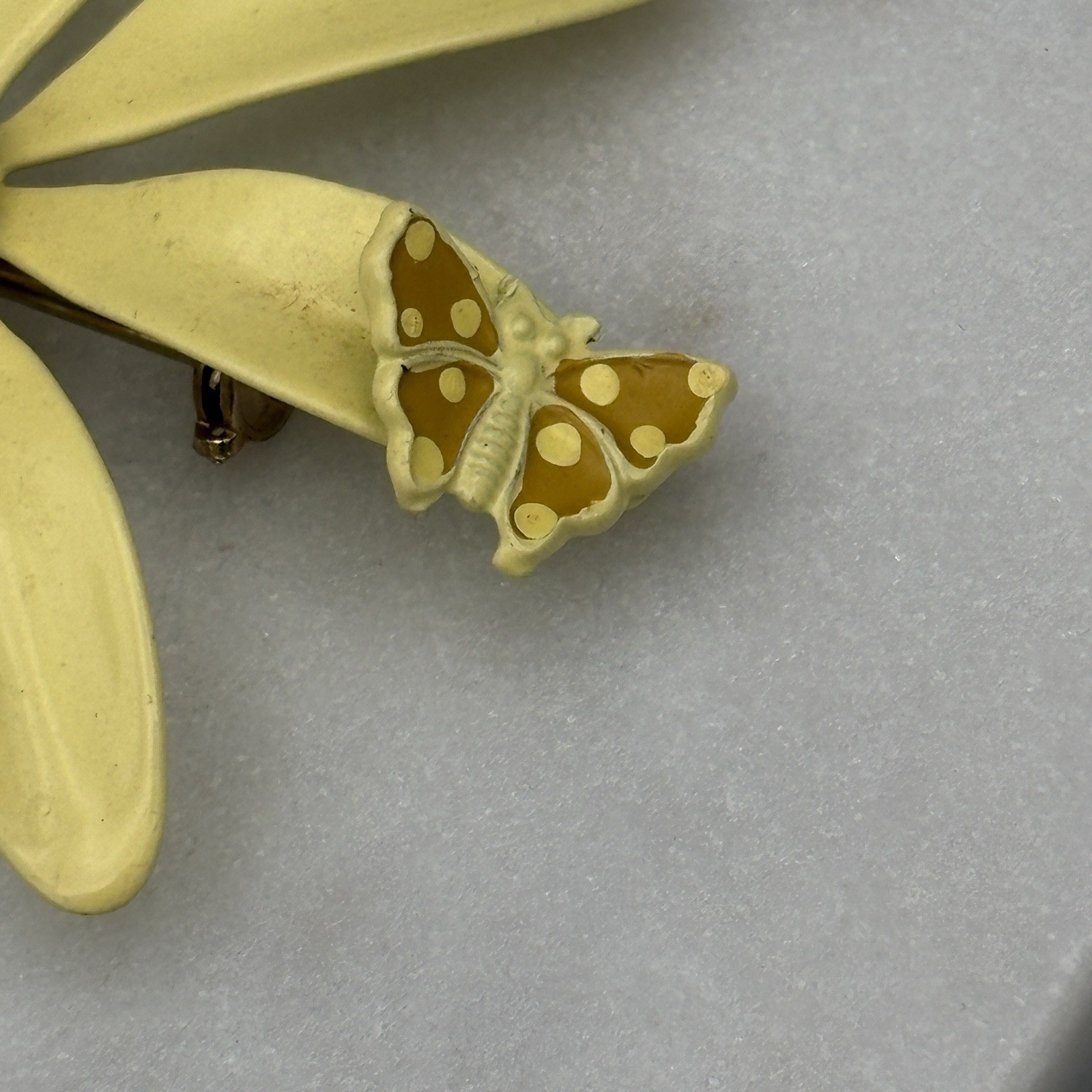 Vintage Enamel Flower Brooch with Butterfly Cheery Yellow Statement PIn