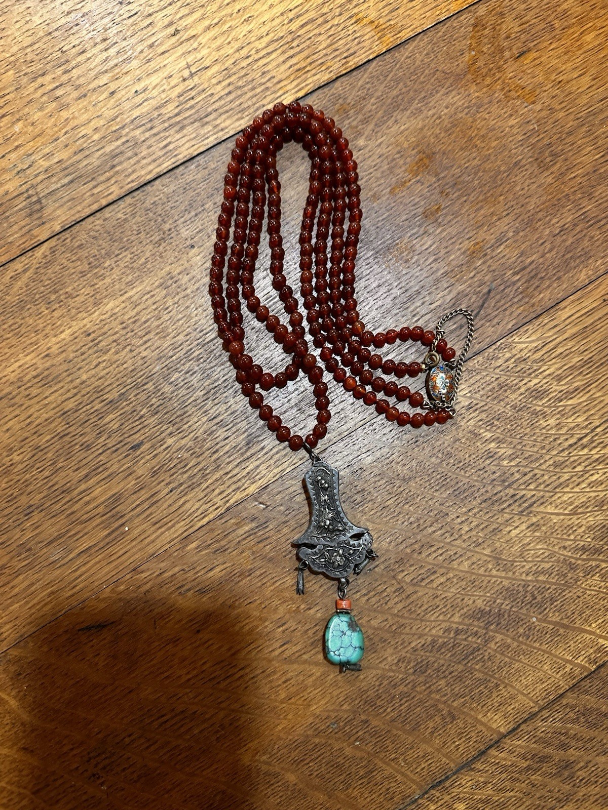VTG Chinese Carnelian? Coral? Beaded Double Necklace Silver Pendant Turquoise