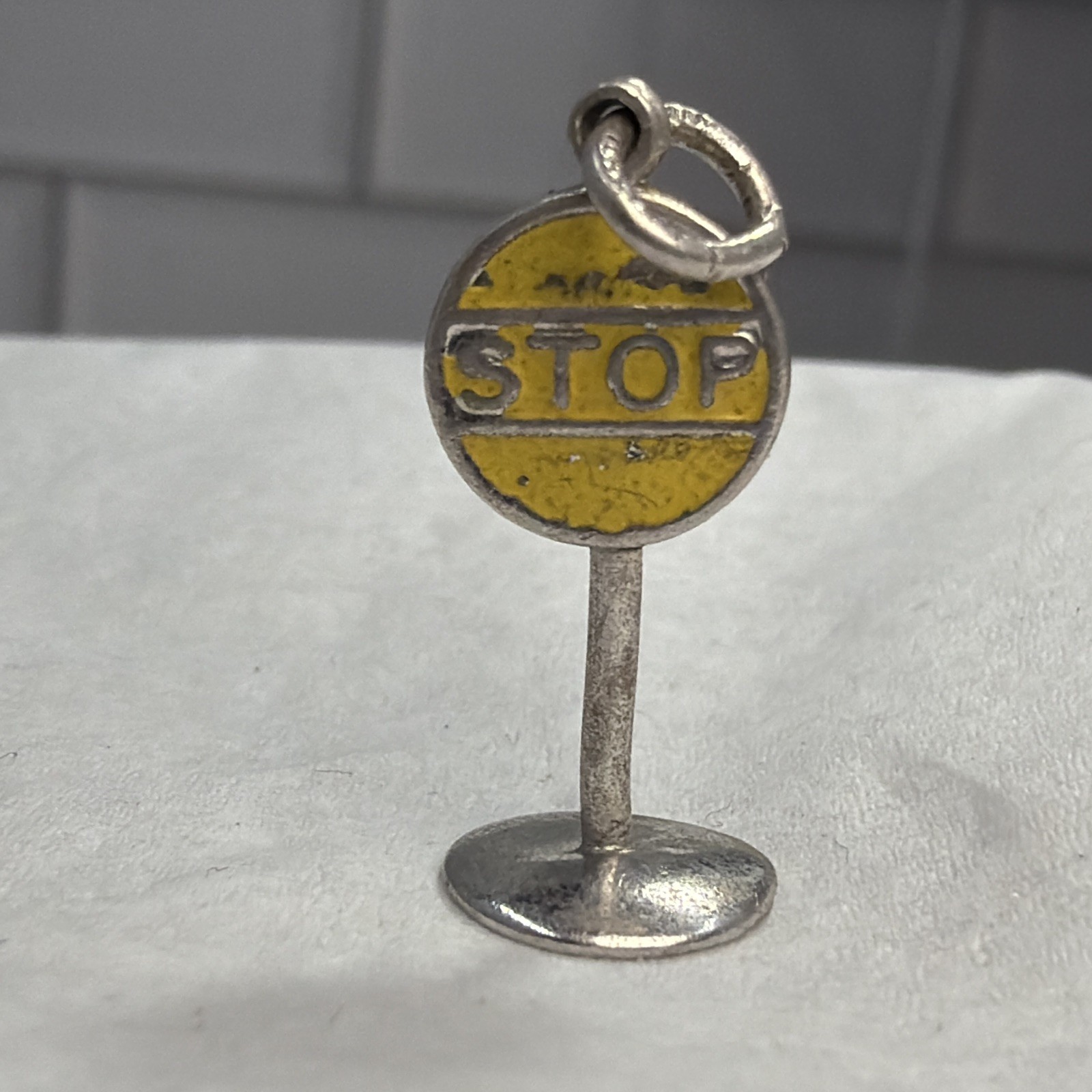 1950’s Vintage Sterling Silver Stop Sign Charm For Bracelet .925 Yellow Enamel