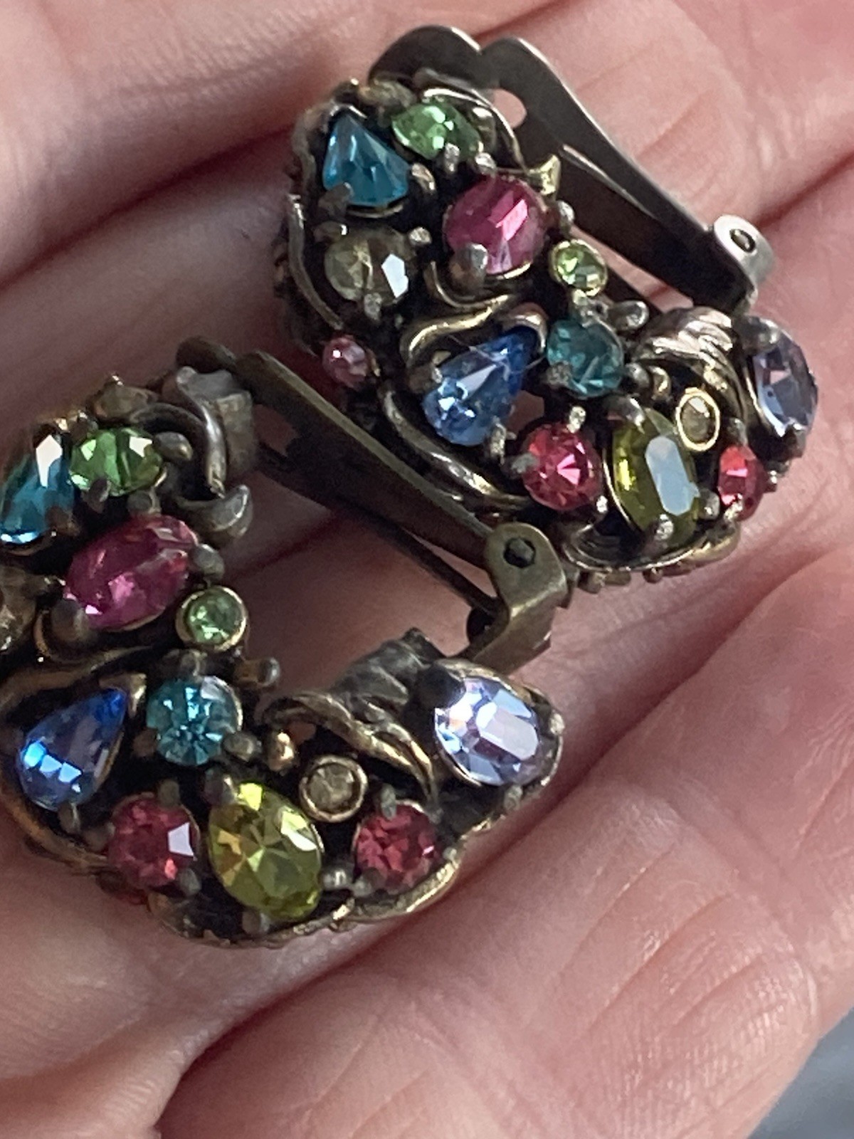 Vintage Hollycraft Clip On Earrings Rhinestones Fruit Salad half Hoop MISSING 1