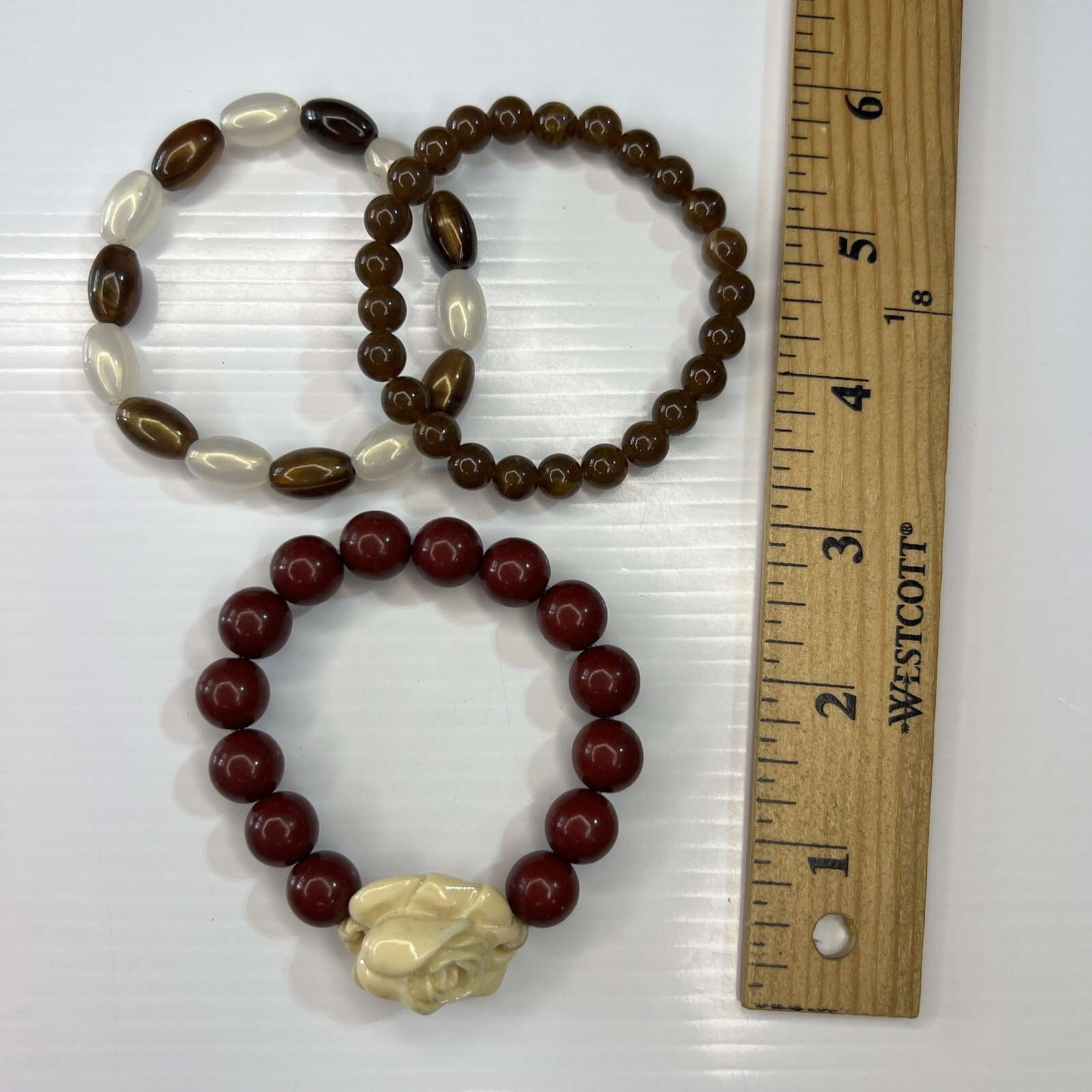 Lot Brown Red Beaded Acrylic Resin Celluloid Lotus Flower Retro Bracelets