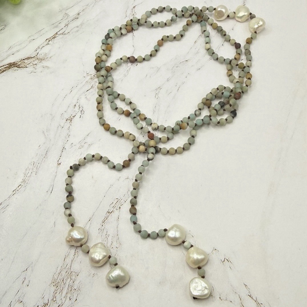Amazonite Bead Natural Color Lariat Wrap Necklace Baroque Pearl Tassel Ends