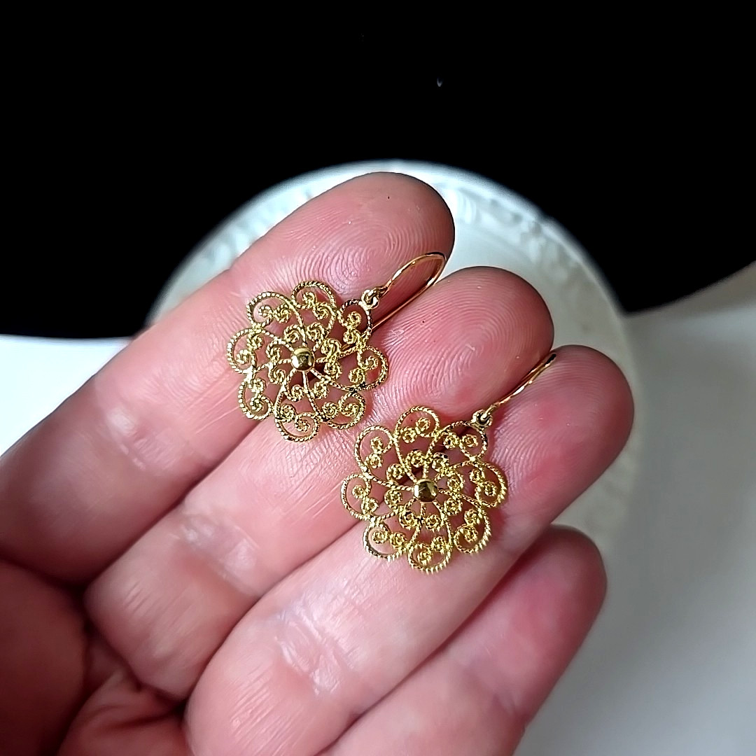 Vintage Sterling Silver Gold Over Filigree Dangle Hook Earrings