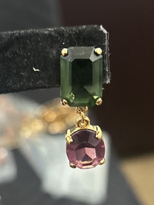 Swarovski Pierced Earrings Green & Purple Crystals Signed Dangle Fantastic