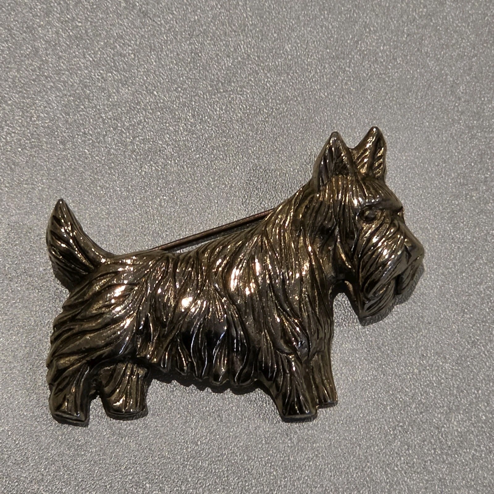 Mid Century Gold Tone Metal Dog Brooch Pin Detailed Shaggy Fur Figural