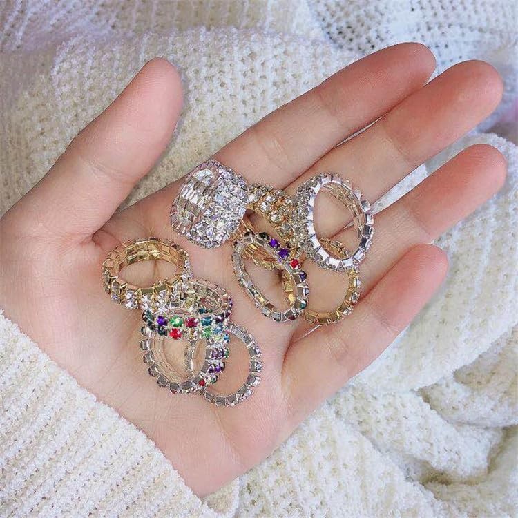 Sparkling Rhinestone Ring Set Trendy Elastic Rhinestone Crystal Light Blue-A