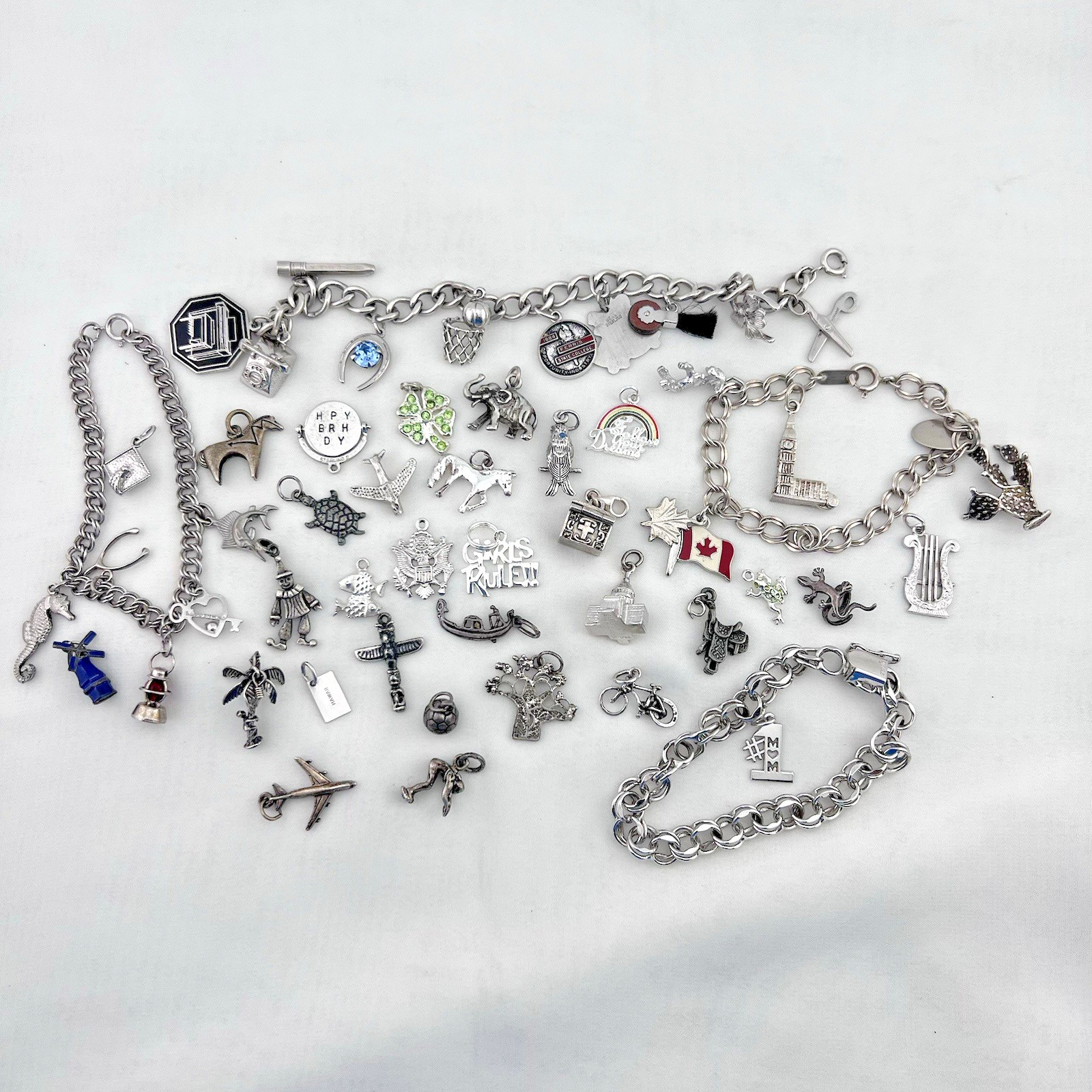 Vintage Sterling Silver Charm Bracelet Lot 50+ Estate Travel Sports Animal 128g