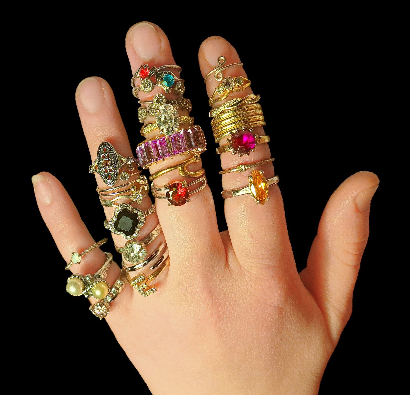 25 Pc Vintage & Modern Costume Ring Lot—Colorful Art Deco Cluster Baguette