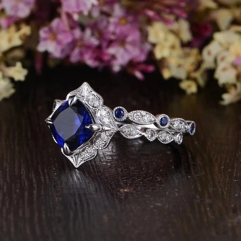 2.40CT Cushion Cut Real Blue Sapphire Vintage Wedding Halo Ring Set 925 Silver