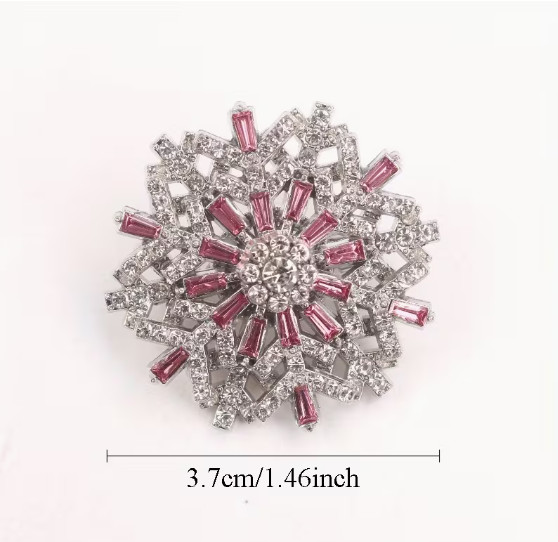 BROOCH- Beautiful Pink and Clear Rhinestone Snowflake, Silvery Metal Tone
