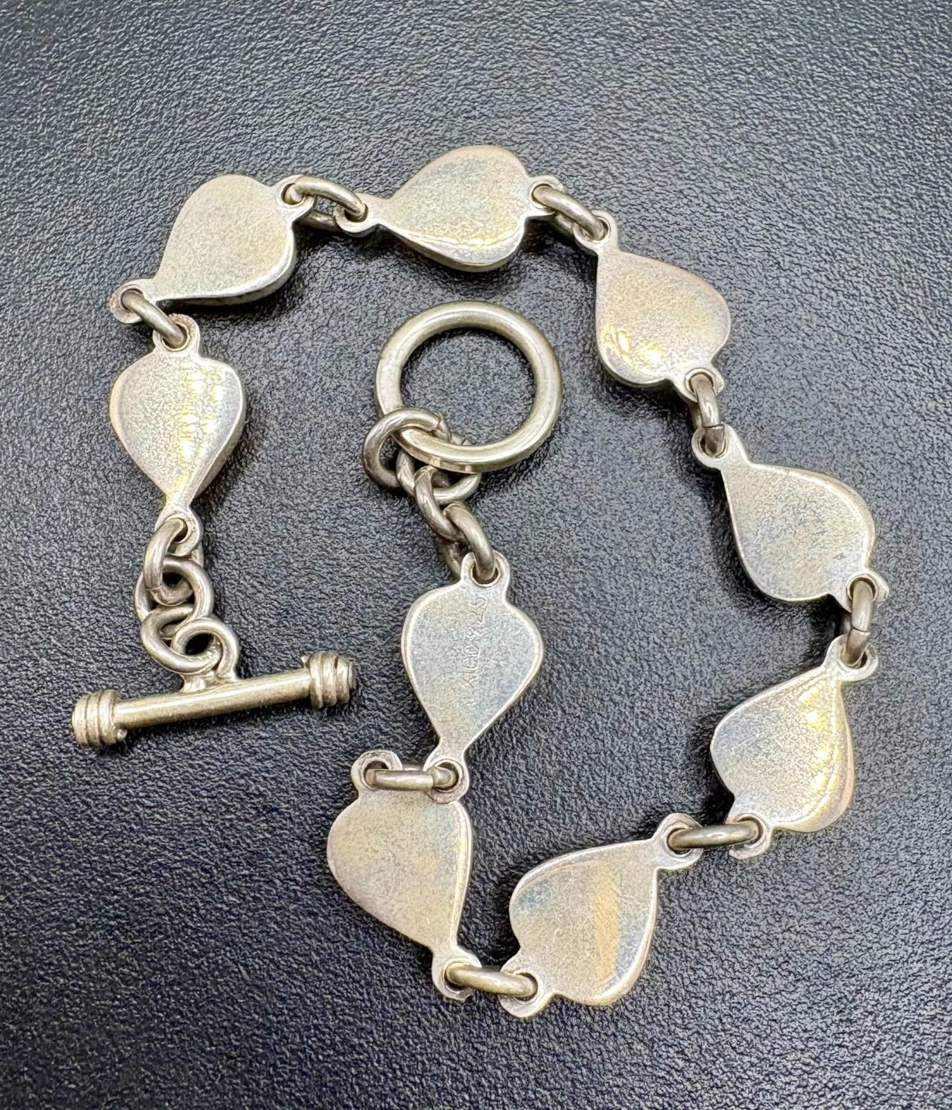 Vintage Sterling Silver Red Enamel Heart Link Bracelet 7.5″ Toggle Clasp 925 15.