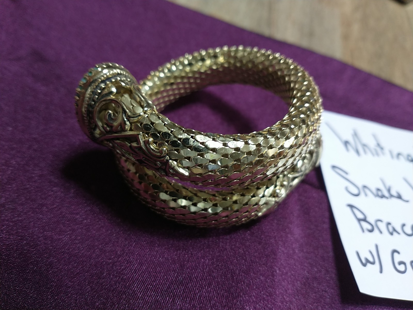 VINTAGE WHITING & DAVIS Mesh Snake Wrap Bracelet Green Peking Glass Cabochon