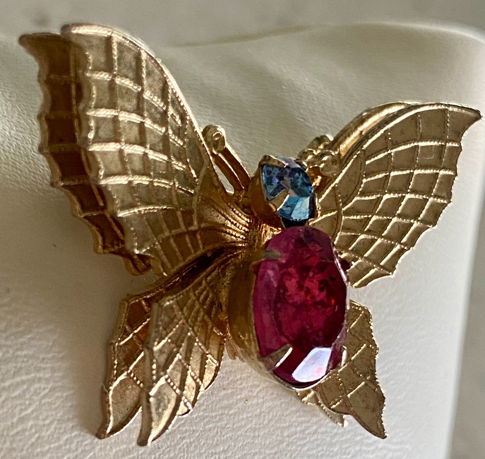 Vintage Pink Rhinestone Butterfly Brooch Layered Wings Gold Tone Insect 1.5″ Pin