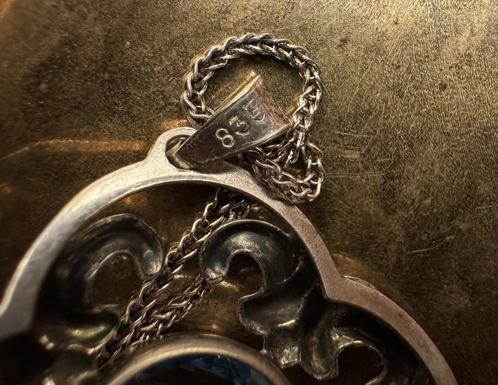 RARE Antique 835 Silver Pendant Large Blue Cut Stone & 835 Necklace Art Nouveau