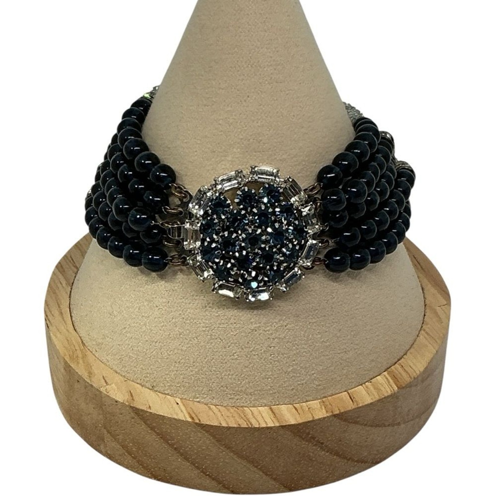 Vintage HOBÉ Multi Strand Bracelet Sapphire Blue & Crystal Bead Rhinestone Clasp